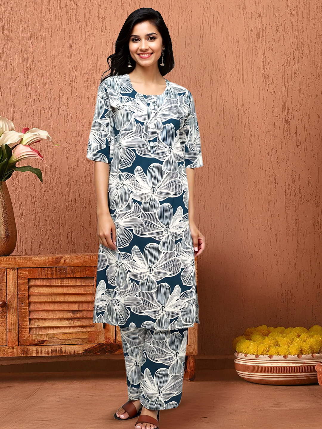 Picture of Serene Blooms Printed Kurta with Palazzo Set